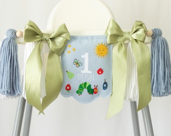 Embroidered Hungry Caterpillar High Chair Banner, Personalized Baby Name Banner, 1st Birthday Boy / Girl Garland, Cake Smash Decor