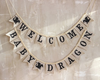 Dragon baby shower banner, Welcome baby banner personalized sign, New baby dragon theme bunting, Baby boy or baby girl farmhouse decoration