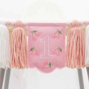 Cherry High Chair Banner – Pink Cotton Embroidery Banner, Yarn Tassel Garland with Wooden Beads for 1st Birthday Girl