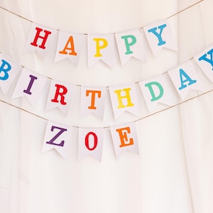 May include: A colorful banner with the words "Happy Birthday Zoe" in rainbow colors. The banner is made of white paper with each letter on a separate pennant.