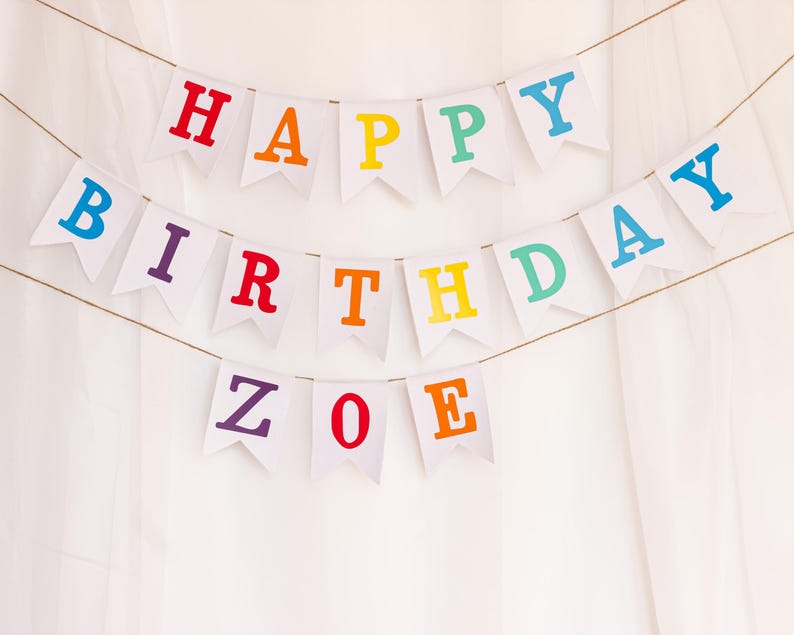 May include: A colorful banner with the words "Happy Birthday Zoe" in rainbow colors. The banner is made of white paper with each letter on a separate pennant.