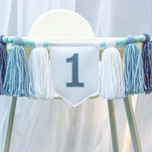 Navy high chair garland, Embroidered 1st birthday banner, Baby boy 1st birthday blue and white tassel garland, Sweet one highchair banner