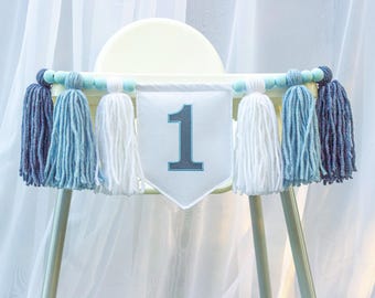 Embroidered First Birthday Banner: Blue Tassel High Chair Garland