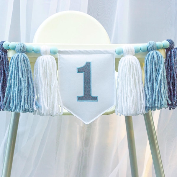 Embroidered First Birthday Banner: Blue Tassel High Chair Garland