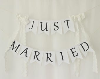 Banner 'Just Married' - Boho trouwstrik voor de trouwboog, achtergrond en receptiedecoratie, gepersonaliseerd fotorekwisiet voor bruid en bruidegroom