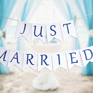 Just Married Cotton Banner – Small Wedding Garland for Arch, Car, or Photo Backdrop – Congratulations Newlyweds Sign Decoration
