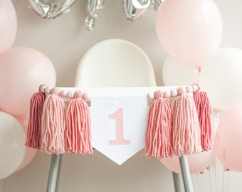 Baby Girl High Chair Banner, Pink Tassel Garland, One Highchair Banner Fabric, Shades of Pink Birthday Banner, Smash Cake Garland Pink