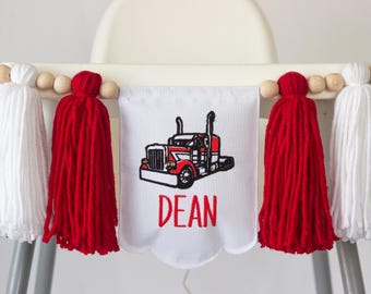 Big Rig High Chair Banner with Personalized Name, Semi Truck Birthday Decor for 2nd Birthday, American Truck Garland