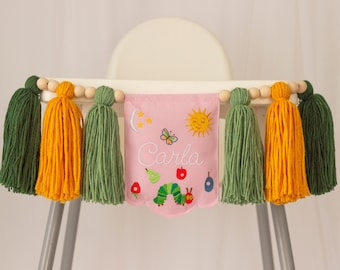 Hungry Caterpillar Embroidered Garland, First Birthday High Chair Banner for Girls, Personalized Name, Pink 1st Birthday Decor