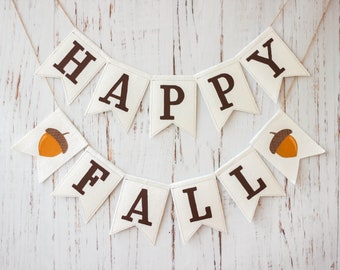 Happy Fall Cotton Banner: Embroidered Acorns, Customizable Thanksgiving Decor