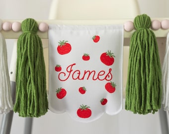 Embroidered Tomato High Chair Banner with Personalized Name, Little Tomato 1st Birthday Decor with Green, White, Red Tassels