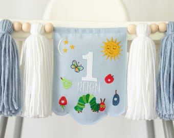 Hungry Caterpillar High Chair Banner, Personalized Embroidered Name Banner, Caterpillar Party Decor, Embroidered 1st Birthday Baby Garland