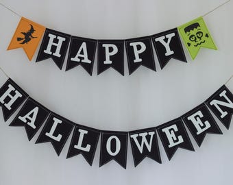 Personalized Happy Halloween Banner Cotton Fabric Garland, Custom Halloween Bunting, Halloween Photobooth Party Decor, Spooky Mantle Flag