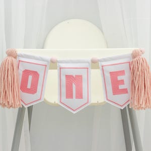 Pink One High Chair Banner with Tassle Garland - Embroidered 1st Birthday Banner, Baby Girl Birthday Decor, Cake Smash Ideas