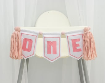 Pink One High Chair Banner with Tassle Garland - Embroidered 1st Birthday Banner, Baby Girl Birthday Decor, Cake Smash Ideas