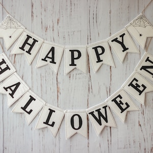 Happy Halloween Banner – White Cotton Garland with Black Letters & Spider Web Ends – Halloween Bunting for Mantle, Party or Photobooth Decor