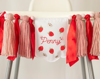 Embroidered Strawberry Birthday High Chair Banner, Berry First Cake Smash Banner with Embroidered Name, Personalized 1st Birthday Decor