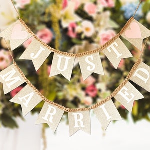 Just Married Burlap Banner – Rustic Wedding Sign with Pink Hearts on Braided Jute, Boho Arch or Bride and Groom Table Decor