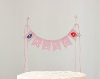 Pink Hungry Caterpillar Cake Topper with Embroidered Name, Personalized 1st Birthday Topper, Fruit & Veggie Birthday Decor