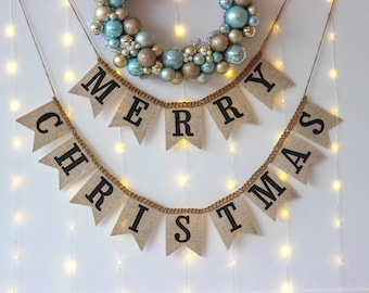 Vintage Merry Christmas Burlap Banner, Beige Christmas Garland for Mantel, Rustic Holiday Decor, Handmade Xmas Bunting for Fireplace