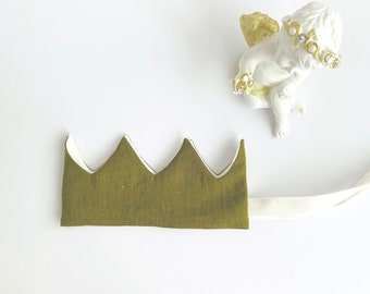 Olive green birthday crown, Neutral crown for kids, Gift for kids for first birthday, Eco linen crown, Fabric toddler crown