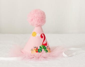 Verjaardagshoedje met hongerige rups, geborduurd gepersonaliseerd hoedje, hoedje voor de 2e verjaardag, hoedje met eigen nummer, hoedje voor het eerste verjaardagsfeestje