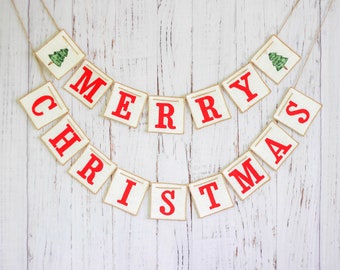 Merry Christmas Burlap Banner | Vintage Holiday Mantel Decor | Personalized Fireplace Garland