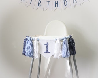 Navy high chair garland, Embroidered 1st birthday banner, Baby boy 1st birthday blue and white tassel garland, Sweet one highchair banner