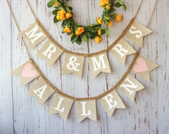 Mr and Mrs Burlap Banner with Custom Name, Rustic Wedding Arch Garland, Personalized Bride Groom Sign