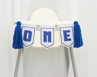 Navy High Chair Banner with Tassle Garland Embroidered 1st Birthday Banner, Baby Boy Birthday Decor, Cake Smash Ideas, One Highchair Garland