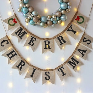 メリークリスマスの黄麻布バナー：ファームハウスホリデーマントルガーランド