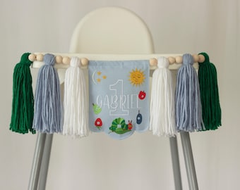 Personalized Hungry Caterpillar High Chair Banner, Embroidered Name Banner, 1st Birthday Decor, Personalized Highchair Garland