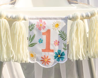 Wildflower Embroidered High Chair Banner: First Birthday Garland