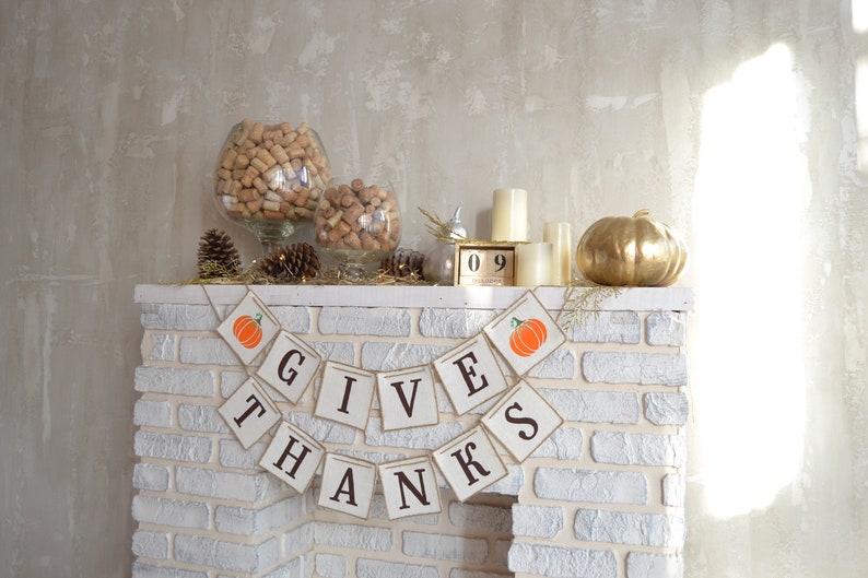 Give Thanks banner with painted pumpkin, Thanksgiving decoration garland, Give Thanks bunting banner, Give Thanks fall banner, Burlap banner image 6
