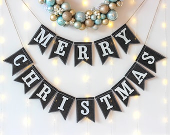 Merry Christmas Black Banner, Christmas Banner For Mantel, Xmas Banner For Fireplace, Happy Holiday Fabric Banner, Black And White Garland