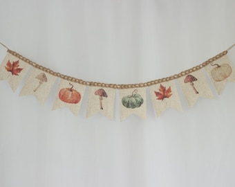 Autumn Burlap Banner with Pumpkin Mushroom Leaf Garland - Fall Mantle Decor, Cottagecore Rustic Bunting for Thanksgiving Party