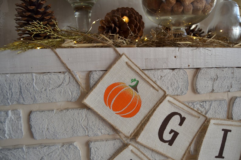 Give Thanks banner with painted pumpkin, Thanksgiving decoration garland, Give Thanks bunting banner, Give Thanks fall banner, Burlap banner image 5