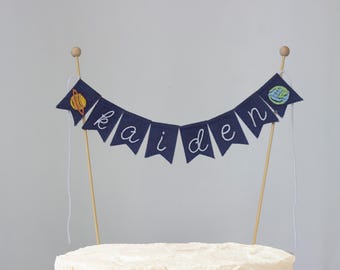 Space Cake Topper with Embroidered Name, Little Space Birthday Decor, Personalized 1st Birthday Topper with Planets