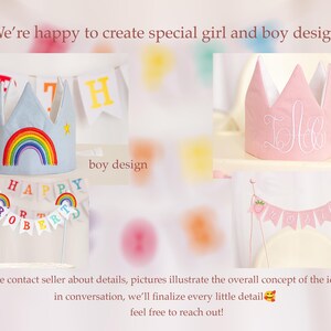 May include: Two birthday crown designs, one blue with a rainbow and the text "HAPPY ROBERT", and one pink with the text "Ella". Both crowns are decorated with bunting.