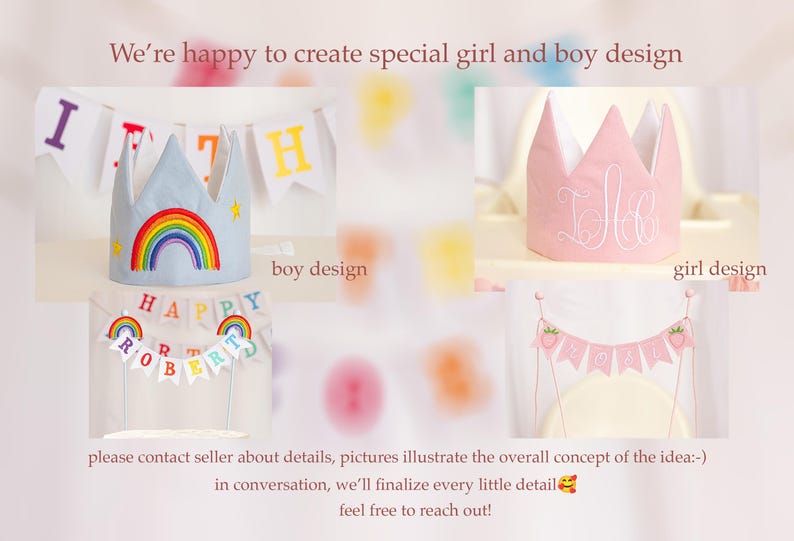 May include: Two birthday crown designs, one blue with a rainbow and the text "HAPPY ROBERT", and one pink with the text "Ella". Both crowns are decorated with bunting.