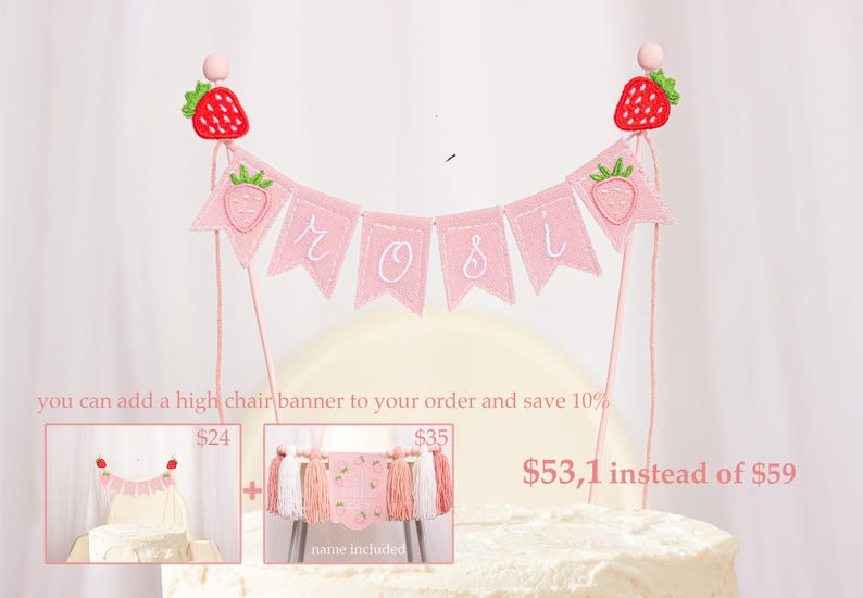 Embroidered name cake topper on pink cotton flags with strawberries on each end. Personalized topper for berry first birthday celebration.