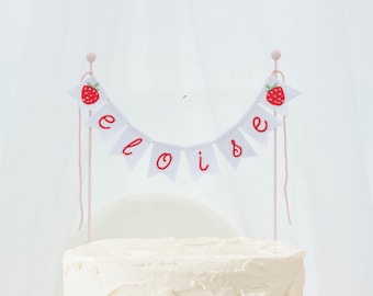 Strawberry Embroidered Cake Topper with Name – Berry First Birthday Sweet One Personalized Topper