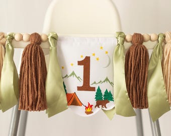 One Happy Camper High Chair Banner, Embroidered Camping 1st Birthday Banner with Tent & Forest, Personalized Cake Smash Decor