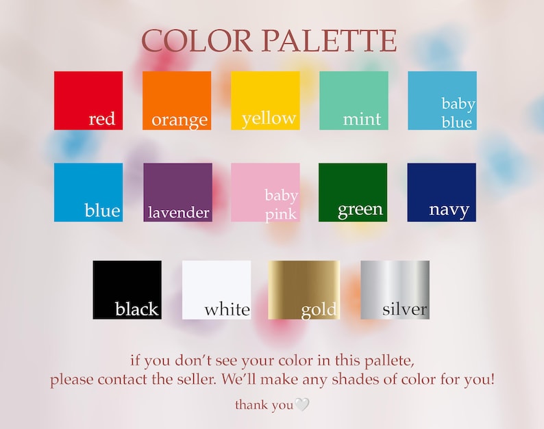 May include: Color palette chart with 15 color swatches. The colors are red, orange, yellow, mint, baby blue, blue, lavender, baby pink, green, navy, black, white, gold, and silver.