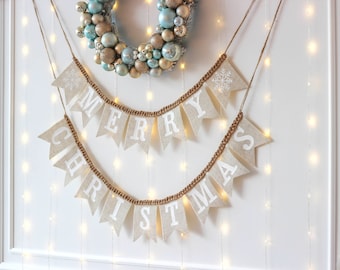 Vrolijk kerstfeest jute banner, handgemaakte beige feestelijke banner met sneeuwvlokken, rustiek vakantiedecor, schoorsteenmantel of kerstslinger aan de muur