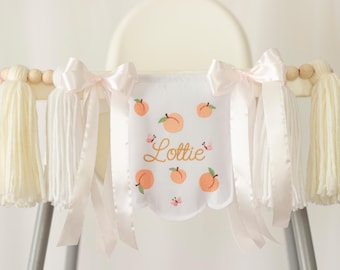 Princess Peach High Chair Banner, Embroidered Peach Birthday Banner, Personalized Baby Name Banner, 1st Birthday Decor