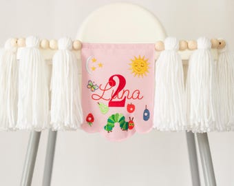 Banner met het thema 'De Hongerige Rups' voor de kinderstoel, decoratie voor de tweede verjaardag, gepersonaliseerde naamslinger, fotoprop voor de cake smash