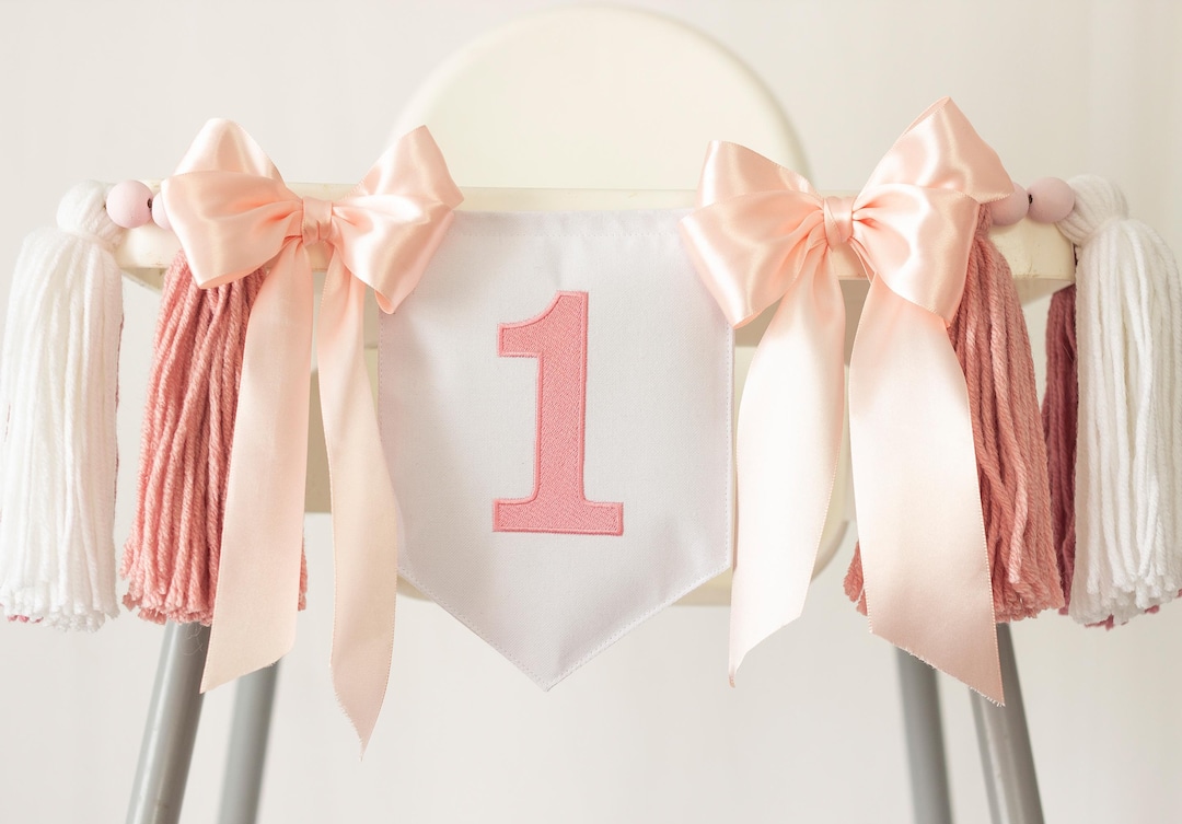 Pink Bow High Chair Banner, Embroidered 1st Birthday Girl Decor, One ...