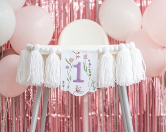 Wildflower Embroidery High Chair Banner - Fairy Garland for 1st Birthday Girl - White Yarn Garland