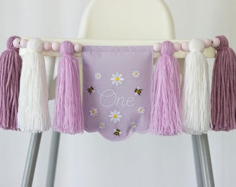 Verjaardagsbanner voor kinderstoel met madeliefjesmotief: EEN, Twee Groovy geborduurde banner, decoratie voor de eerste verjaardag, fotoprop voor cake smash.